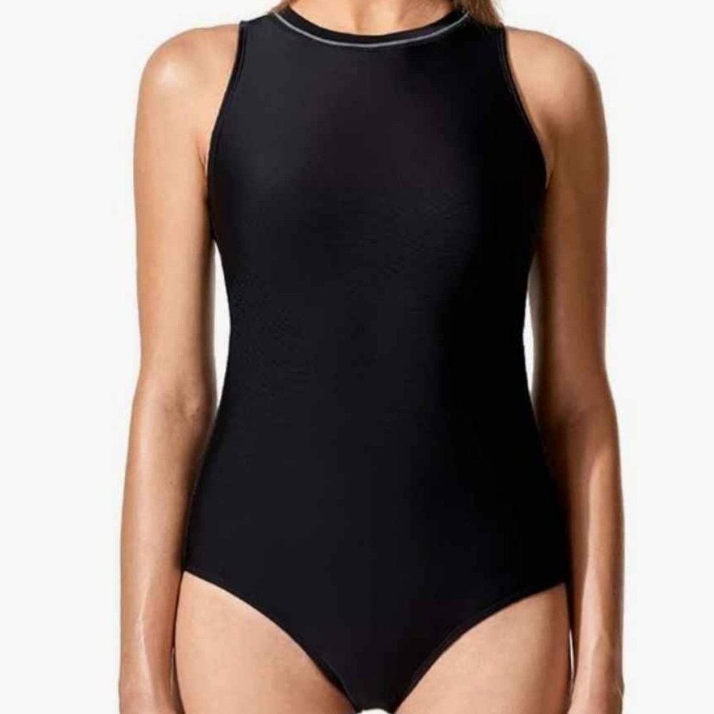 New Syrokan Women’s High Neck Swimwear Black Swimsuit Size 38